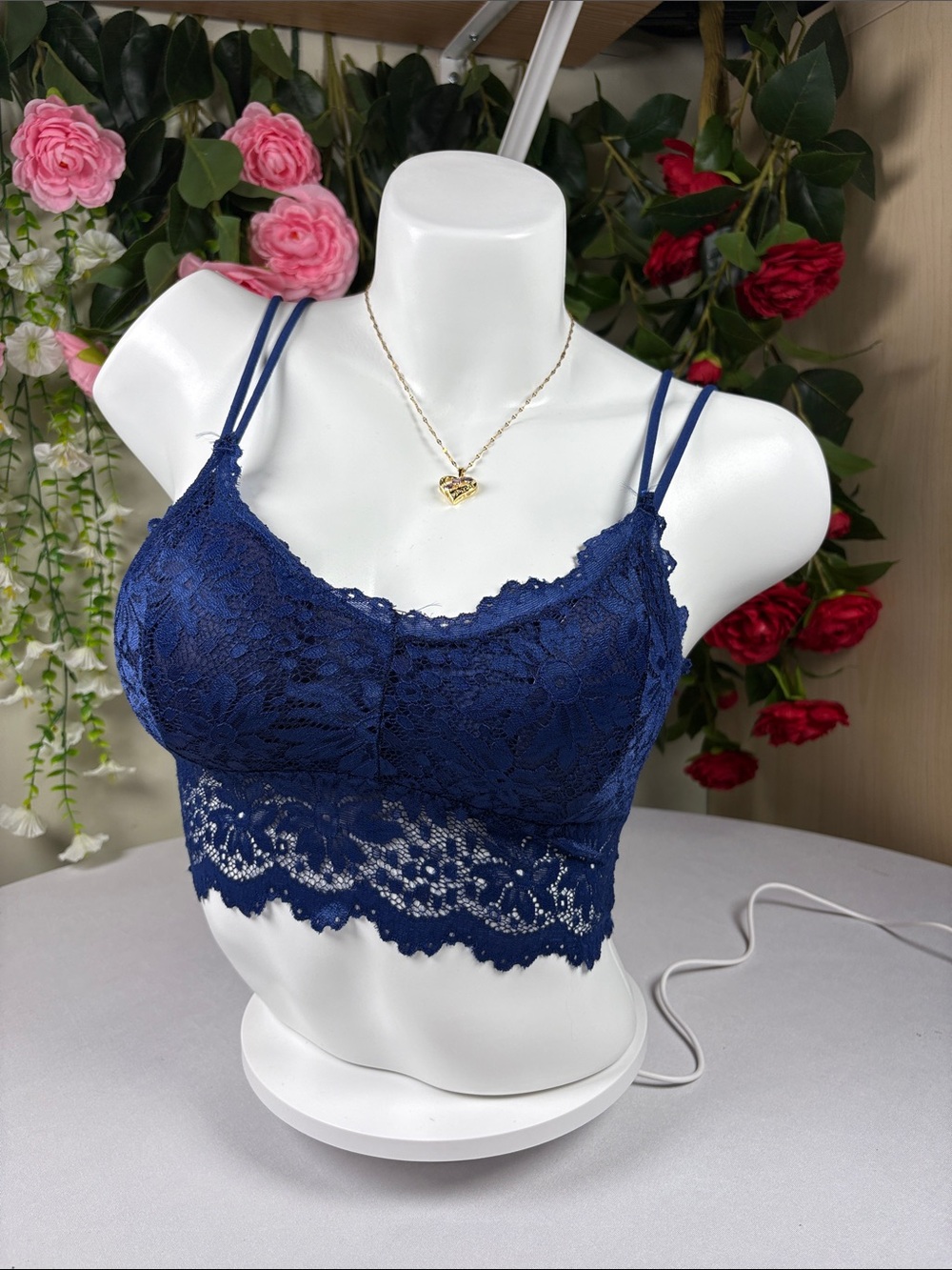 Lace Bralette Crop Top 4-pack- navy blue, white, green, and brown.